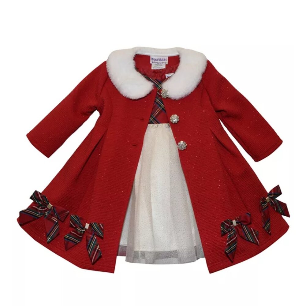 NWT Blueberi Boulevard Baby Girls Plaid Dress and Swing Coat 2 Piece Set 18M